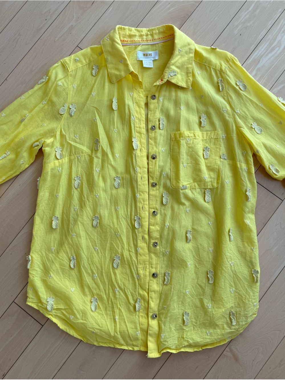 Anthropologie Bright Yellow Pineapple-Embroidered Long Sleeve Button-Down